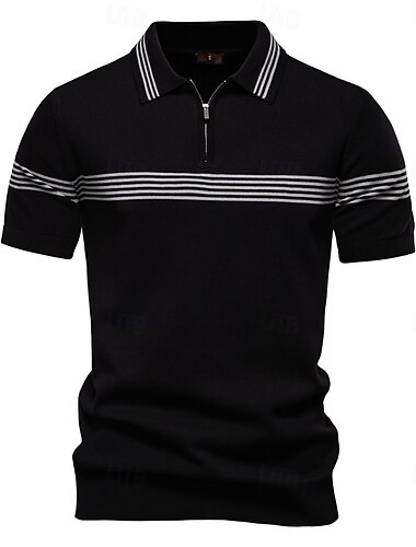  Herren Polo Strick-Polopullover Formell Arbeit Umlegekragen Viertelreißverschluss Kurzarm Gestreift Reißverschluss Stripe-Trim Frühling Schwarz Weiß Khaki Polo