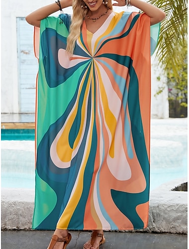  Dames Zwemkleding Bedekken Zwemjurk Zwempak Vakantie Strand Kleding Geometrisch V-hals Lange mouw Badpakken