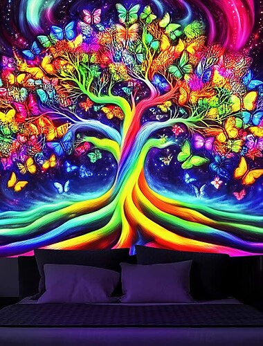  Svartlys Tapisser Glowe i mørket Glowe Fest UV Reaktiv Trippy Tåkete Livets Tre Natur Landskap Hengende Tapestry Veggkunst Mural Stue Soverom