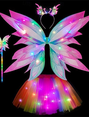  Elegantes leuchtendes Feenkostüm für Mädchen – 4-teiliges Verkleidungsset mit weichen Schmetterlingsflügeln in Regenbogenfarben, perfekt als Karnevalsdekoration für Prinzessinnen