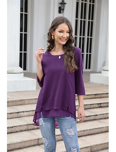  La Saint-Valentin Femme Grande Taille Chemisier Plein Le style mignon Décontractées Manches 3/4 Manche Chauve-souris Col Rond Hauts réguliers du quotidien Asymétrique Noir Rose Claire Bleu Fuchsia