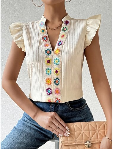 Damen Camisole Tanktop Floral Stylisch Lässig Ärmlos Eingeschnittener Ausschnitt Reguläre Tops Täglicher Bestickter Beige Sommer