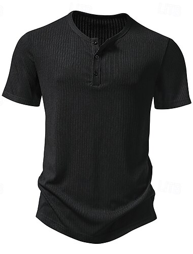  Herren Henley Shirt Tee Rippstrick-Oberteil Kurzarm Feste Farbe Glatt Strickware Brautkleider schlicht Knopf Grubenstreifen Henley Urlaub Casual Täglich Sommer Frühling & Herbst Schwarz Wei
