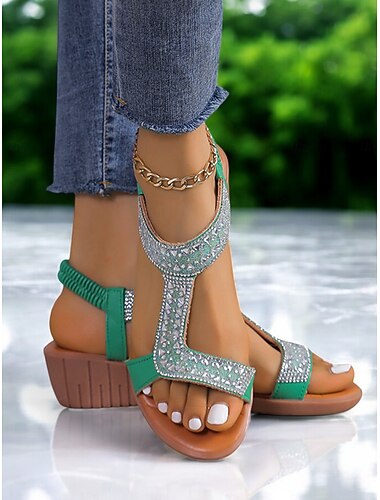  glitrende t-remsandaler for kvinner – komfortable og stilige kilesandaler med rhinestone-aksenter, flott for uformelle utflukter, sommerfester og spesielle anledninger