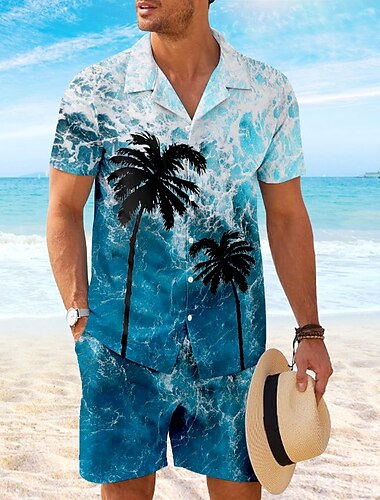  Per uomo Palma di Cocco 2 pezzi Set di camicie Camicia Manica Corta Pantaloni corti Colletto cubano Vacanza Casual Feste Casuale Quotidiano Stampa 3D Estate Rosso rubino Verde