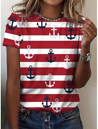  Valentijnsdag Dames T-shirt Bloemig Casual Korte mouw Ronde hals Normale tops Dagelijks Afdrukken Wit Wijn Marineblauw blauw Stoffig blauw Zomer