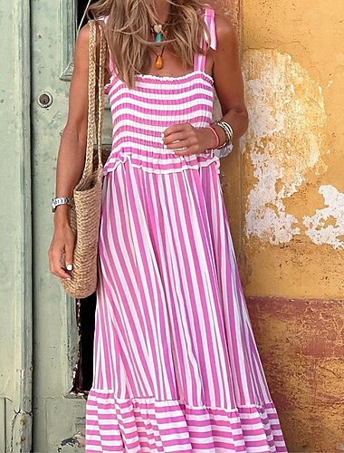  Damen kleid lang Sommerkleid Cami-Kleid Hawaiianisch Stilvoll Brautkleider schlicht Urlaub Täglich Verabredung Regular Fit Streifen Ärmellos Quadratischer Ausschnitt Rosa Blau Sommer