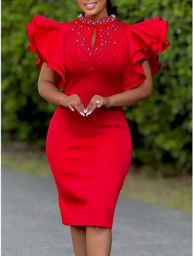  Damen Midikleid Ballkleid abendkleider Satinkleid Kleid für Hochzeitsgäste Elegant Ausgefallene Party kleid hochzeitsgast Verlobung Regular Fit Glatt Kurzarm Rollkragen Schwarz Weiß Rosa Rote Sommer