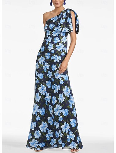  Rosa Blau Floral A-Linie Abendkleid Vintage Kleid Formelles Hochzeitsgast-Bodenlanges Ärmelloses Ein-Schulter-Satin mit Schleife(n) Gespaltenes Hochzeitsgastkleid 2025