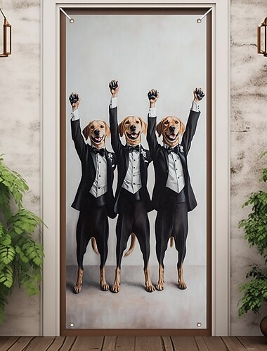  面白い動物のドア装飾 ドアカバー 犬のドアタペストリー ドアカーテン装飾 バックドロップ 屋内/屋外のドアバナー フロントドア ファームハウス