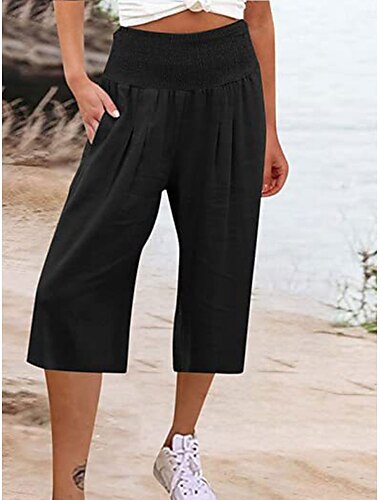  Damen Shorts aus Baumwollleinen Leinen-inspirierte Hosen Hose aus Baumwollleinen Mode Streetwear Basic Wadenlang Hohe Taille Einfach Tasche Elastischer Bund Komfort Außenbereich Mikroelastisch Urlaub