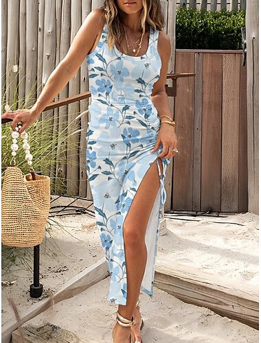  Dames Maxi-jurk Casual jurk Bodycon Tank-jurk Slipdress Stijlvol Casual Vakantie Dagelijks Normale pasvorm Bloemig Mouwloos U-hals Zwart Fuchsia Licht Blauw Zomer