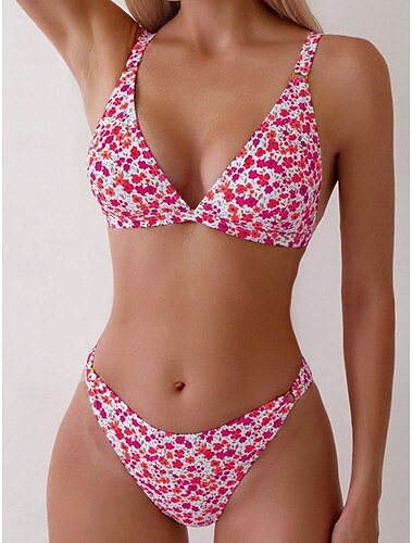  Dames Zwemkleding Bikini 2 stuks Brutaal Zwempak Blote rug Slank Vakantie Strand Kleding Bloemig V-hals Mouwloos Badpakken