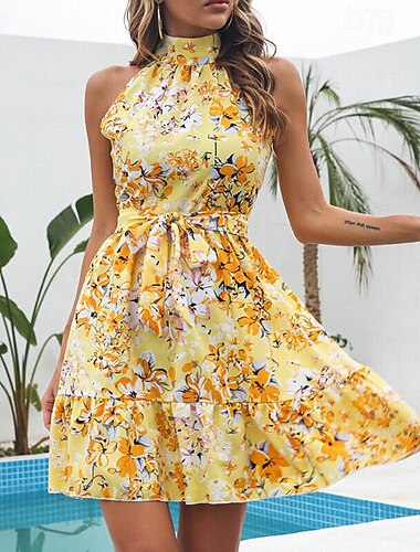  Damen Minikleid Casual kleid A Linie Kleid Blumenkleid Sommerkleid Stilvoll Brautkleider schlicht Urlaub Täglich Verabredung Regular Fit Blumen Langarm Rollkragen Gelb Rosa Blau Sommer Frühling