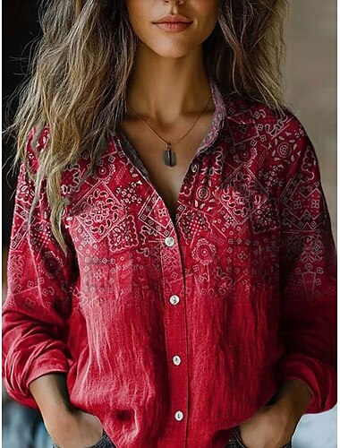  Dames Overhemd Grafisch Casual Lange mouw Overhemdkraag Normale tops Werk Dagelijks Knop Afdrukken Rood blauw Groen Khaki Lente Herfst Winter