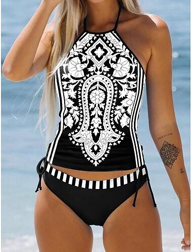  Frauen Tankini Zweiteilige freizügige Badeanzug rückenfrei Urlaub Strandkleidung Paisley Halterneck ärmelloses Badebekleidung