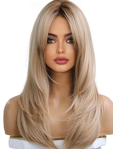  פאה בלונדינית ארוכה לנשים פאה סינטטית עמידה בחום חלקה עם שורשים כהים פאה מציאותית טבעית למסיבה יומית