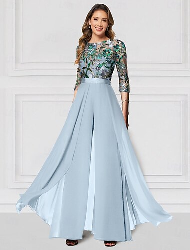  Blommig jumpsuit broderad mor till bruden formell bröllopsgäst elegant vintage illusion halsringning golvlängd chiffon halvärm med paljetter derby kapplöpningsdag klänning 2025
