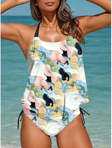  Damen Badeanzüge Tankini 2-teilig Cheeky Badeanzug Rückenfrei Urlaub Strandbekleidung Ombre U-Ausschnitt Ärmellose Badeanzüge