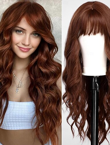  perucas com franja peruca longa ondulada para mulheres, peruca longa e cacheada de cabelo sintético para uso diário em festas