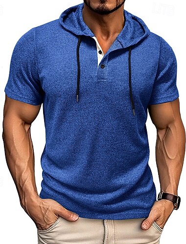  Herre T-shirt T-Shirts Kortærmet skjorte Tee Top Kortærmet Hætte Sommer Vanlig Mode Designer Basale Knapper Ferierejse Gade I-byen-tøj Vin Sort Blå Top T-shirt til mænd