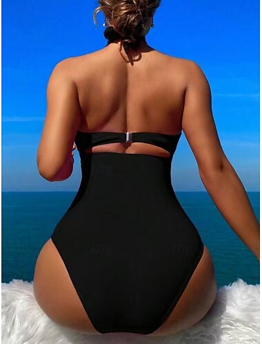  Damen Badeanzüge Einteiler Monokini Badeanzug Rückenfrei Bauchkontrolle Hohe Taille Schlank Urlaub Strandbekleidung Einfarbig Halter Neck Ärmellos Badeanzüge