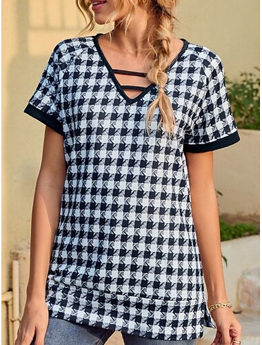  Damen T Shirt Plaid Modisch Modern Brautkleider schlicht Kurzarm V Ausschnitt Normale Oberteile Täglich Wochenende Bedruckt Weiß Sommer