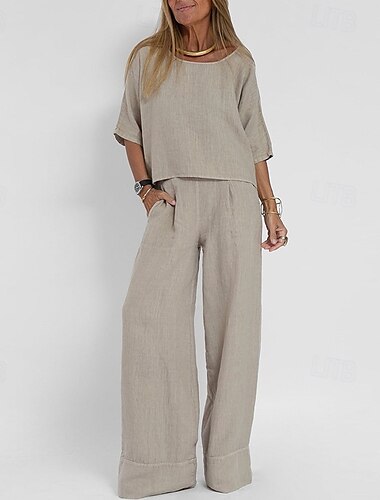  Femmes Mode Streetwear Chemise Ensembles en coton et lin Ensembles deux pièces Pantalons en Lin Pantalons Manche Courte Col ras du cou Couleur Unie Cordon de serrage Tenue quotidienne Date Noir Jaune