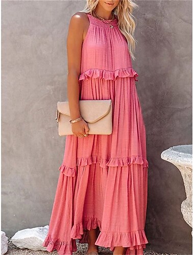  Damen Maxidress Casual kleid Schaukelkleid Basic Brautkleider schlicht Urlaub Casual Täglich Lockere Passform Glatt Ärmellos Rundhalsausschnitt Rosa Violett Aprikose Leicht Blau Sommer Frühling