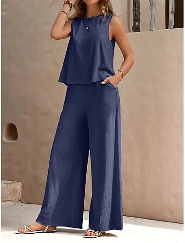  Damen Elegant Mode Streetwear Zweiteilige Sets Bluse Weste Hosen Hose Ärmellos Rundhalsausschnitt Einfarbig Outdoor Arbeit Lässig Schwarz Gelb Dunkelmarine Sommer Normale Passform