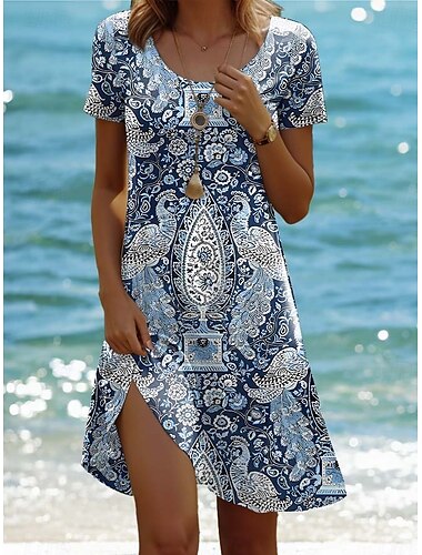  Dames Mini-jurk Vintage Jurk Casual jurk Boho chique jurken Bohemen Vakantie Vintage Vakantie Dagelijks Normale pasvorm Geometrisch Paisley Boho Paisley Damast Korte mouw Strakke ronde hals Blozend