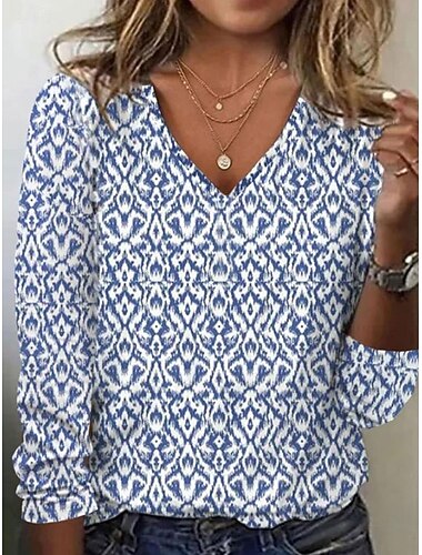  قمصان نسائية تي شيرت بأكمام طويلة على شكل حرف V مزينة برسومات عصرية حديثة عادية طباعة يومية لعطلة نهاية الأسبوع أزرق خريف شتاء