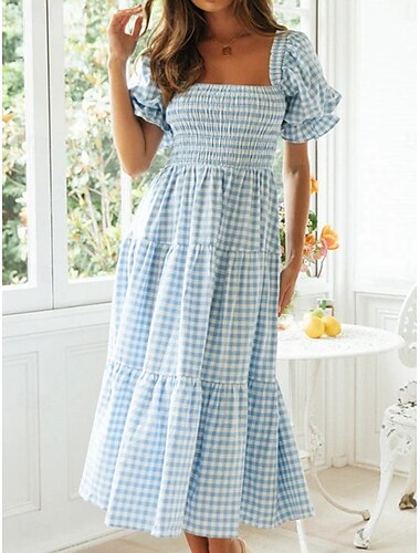  Damen Midikleid Corsagenkleider A Linie Kleid Milchmädchen-Kleid Kleid mit Puffärmeln Stilvoll Brautkleider schlicht Urlaub Täglich Regular Fit Plaid Kurzarm Quadratischer Ausschnitt Rosa Blau Sommer