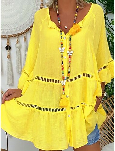  Mujer Mini vestido Lino de algodón sintético Vestido Kaftan Vestido informal Elegante Vintage Básico manga acampanada Casual Diario Vacaciones Holgado Plano Manga 3/4 Escote en Pico Blanco Amarillo