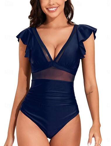  Damen Badeanzüge Einteiler Monokini Badeanzug Rüsche Rückenfrei Bauchkontrolle Hohe Taille Schlank Urlaub Strandbekleidung Einfarbiger V-Ausschnitt Ärmellos Badeanzüge