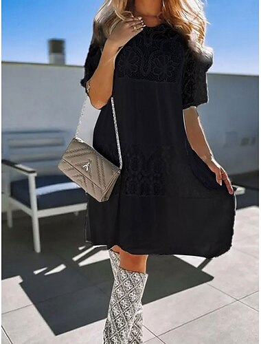  Damen Langes Kleid Maxikleid Spitzenkleid Boho-Kleid Elegant Stilvoll Lässig Urlaub Täglich Normale Passform Einfach Kurzarm Rundhalsausschnitt Schwarz Weiß Blau Sommer Frühling