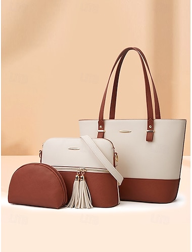  elegant stilig tvåfärgad patchwork-handväska för kvinnor med tofsdekoration - handväska, crossbody-väska och liten väska - perfekt för daglig fritid, pendling till jobbet