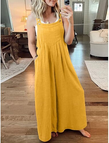  Damen Normal Latzhose Aktiv Feste Farbe Ärmellos Rundhalsausschnitt Knopf Tasche Urlaub Täglich Regular Fit Gelb Wein Aprikose Sommer