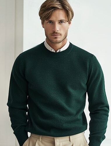  Herr Ulltröja Pullover tröja Sticka Ensfärgat Rund hals Stickat Elegant Skola Träning Kläder Höst Vinter Svart Vit S M L