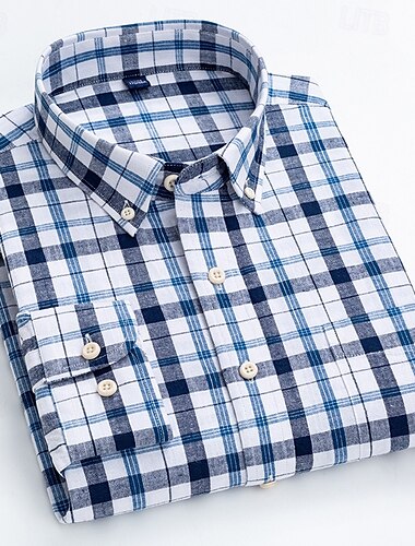  Homens camisa de linho Saia camisa de botão Resistente a rugas Camisa da verificação Tecido Casamento Ao ar livre Azul Claro Branco Azul Marinha Marron Manga Longa Verão Primavera Roupa