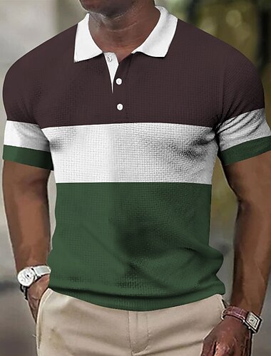  Herren Horizontale Streifen Rugby-Poloshirt Kurzarm Polo-Shirts Hemden mit Kragen Business-Casual Schule Formell Alltagskleidung Geschäft Knöpfe 3D-Druck Sommer Dunkel Braun Dunkelgrün Dunkelblau