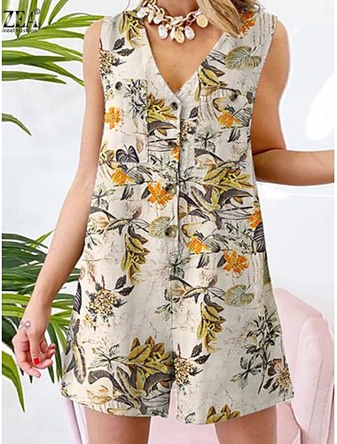  Damen Normal Kurz Jumpsuit Aktiv Blumen Ärmellos V Ausschnitt Knopf Hohe Taillenlinie Urlaub Täglich Regular Fit Gelb Rote Marineblau Sommer