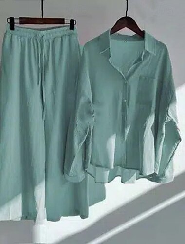  Dámské Košile Sady bavlněného prádla Dvoudílné sady Plátěné kalhoty Kalhoty Dlouhý rukáv Košilový límec Pevná barva Šňůrky Módní Šik ven Denní nošení Rande Světle zelená Světlá růžová Hnědá Jaro Běžný