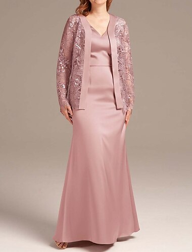  zweiteiliges Meerjungfrauen-/Trompetenkleid für die Mutter der Braut, elegantes, schlichtes Vintage-Kleid mit V-Ausschnitt, bodenlanges, ärmelloses Satinkleid mit langen Ärmeln, Jackenkleider mit