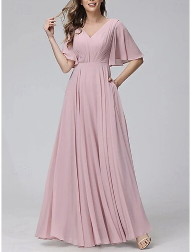  A-Linie Brautjungfernkleid V Ausschnitt Kurzarm Elegant Bodenlang Chiffon mit Raffung 2022