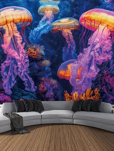  Schwarzlicht Wandteppich Leuchtet im Dunkeln Glow Party UV Reaktiv Quallen Trippy Nebel Natur Landschaft Hängender Wandteppich Wandkunst Wandgemälde für Wohnzimmer Schlafzimmer