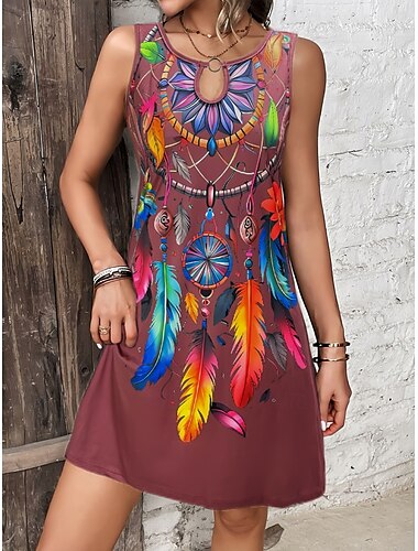  Damskie Sukienka mini Codzienne sukienki Sukienka na szerokich ramiączkach Sukienka Boho Bohema Urlop Zabytkowe Urlop Codzienny Regularny Pióro Bez rękawów Półgolf Czarny Fioletowy Lato
