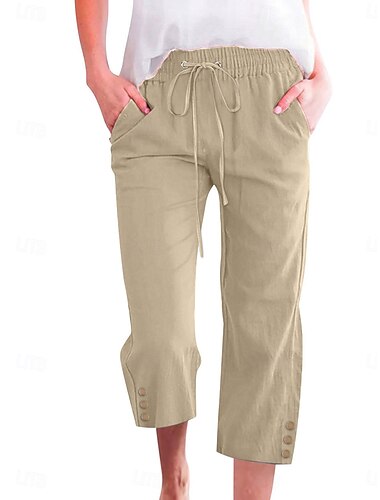  Damen Shorts aus Baumwollleinen Leinen-inspirierte Hosen Hose aus Baumwollleinen Mode Streetwear Basic Wadenlang Mittlere Taillenlinie Einfach Tasche Elastischer Bund Komfort Außenbereich