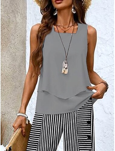  Damen 2-teiliges Mode Tank-Top Hosen-Set ärmellos quadratischer Ausschnitt gestreiftes Schichtdruck lässig täglich grau Sommer normale Passform