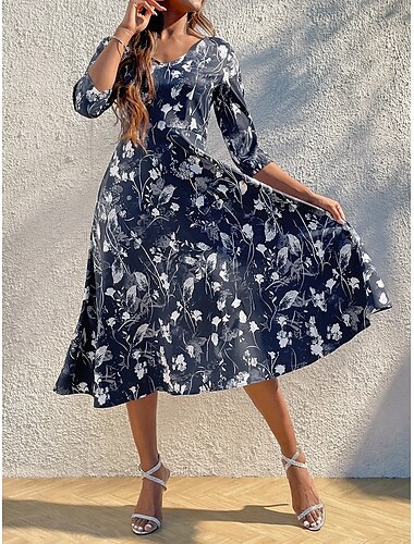  Damen Midikleid Casual kleid A Linie Kleid Brautkleider schlicht Täglich Regular Fit Blumen 3/4 Ärmel V Ausschnitt Marineblau Sommer Frühling Herbst